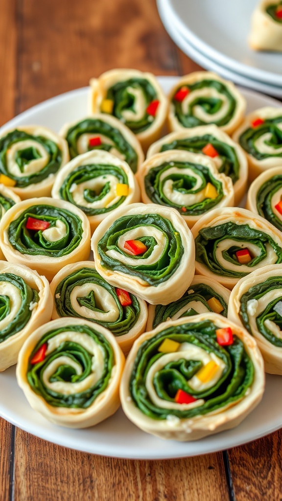 A platter of spinach and cream cheese pinwheels, showcasing vibrant greens and creamy filling, perfect for appetizers.